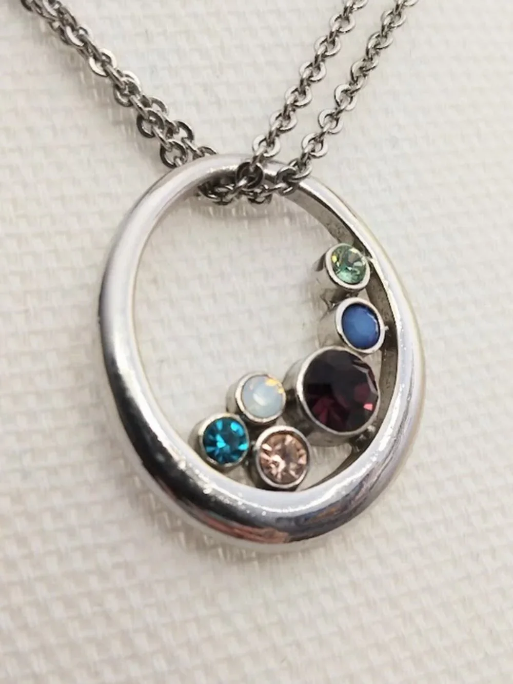 Lia Sophia Necklace Silver Tone Gemstone Circle Pendant with Multi Strand Chain